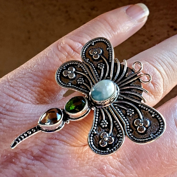 New Stunning Multi Gemstone 925 Silver Dragonfly Ring. - Picture 5 of 14